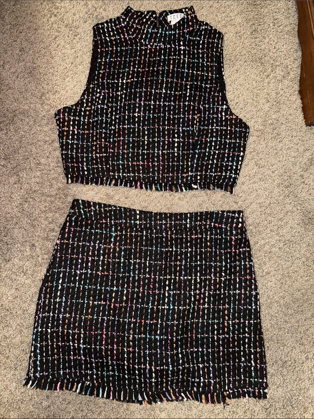 The Impeccable Pig Black Tweed Mini Skirt Set with Multicolor Thread